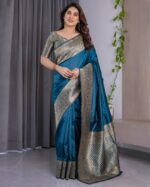Teal Blue Pure Kanjivaram Silk Saree with Antique Golden Zari Border & Blouse – 5.5m Saree + 0.8m Blouse Piece - Image 5