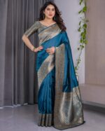Teal Blue Pure Kanjivaram Silk Saree with Antique Golden Zari Border & Blouse – 5.5m Saree + 0.8m Blouse Piece - Image 7