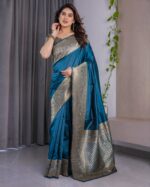 Teal Blue Pure Kanjivaram Silk Saree with Antique Golden Zari Border & Blouse – 5.5m Saree + 0.8m Blouse Piece - Image 11