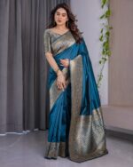 Teal Blue Pure Kanjivaram Silk Saree with Antique Golden Zari Border & Blouse – 5.5m Saree + 0.8m Blouse Piece - Image 13