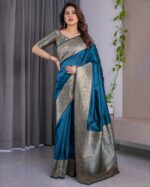 Teal Blue Pure Kanjivaram Silk Saree with Antique Golden Zari Border & Blouse – 5.5m Saree + 0.8m Blouse Piece - Image 14