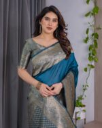 Teal Blue Pure Kanjivaram Silk Saree with Antique Golden Zari Border & Blouse – 5.5m Saree + 0.8m Blouse Piece - Image 15