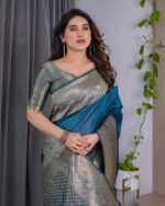 Teal Blue Pure Kanjivaram Silk Saree with Antique Golden Zari Border & Blouse – 5.5m Saree + 0.8m Blouse Piece - Image 12