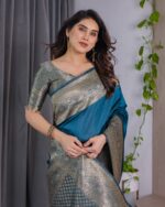 Teal Blue Pure Kanjivaram Silk Saree with Antique Golden Zari Border & Blouse – 5.5m Saree + 0.8m Blouse Piece - Image 10