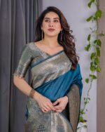 Teal Blue Pure Kanjivaram Silk Saree with Antique Golden Zari Border & Blouse – 5.5m Saree + 0.8m Blouse Piece - Image 8