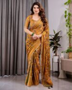 Mustard Yellow Fendy Chiffon Saree with Foil & Block Print, Tassels, and Attached Blouse - Image 4