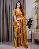 Mustard Yellow Fendy Chiffon Saree with Foil & Block Print, Tassels, and Attached Blouse