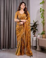 Mustard Yellow Fendy Chiffon Saree with Foil & Block Print, Tassels, and Attached Blouse - Image 6