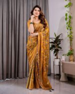 Mustard Yellow Fendy Chiffon Saree with Foil & Block Print, Tassels, and Attached Blouse - Image 8