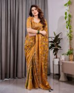 Mustard Yellow Fendy Chiffon Saree with Foil & Block Print, Tassels, and Attached Blouse - Image 10