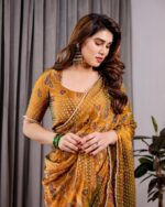 Mustard Yellow Fendy Chiffon Saree with Foil & Block Print, Tassels, and Attached Blouse - Image 9