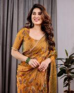 Mustard Yellow Fendy Chiffon Saree with Foil & Block Print, Tassels, and Attached Blouse - Image 7