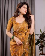 Mustard Yellow Fendy Chiffon Saree with Foil & Block Print, Tassels, and Attached Blouse - Image 5