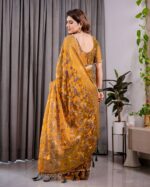 Mustard Yellow Fendy Chiffon Saree with Foil & Block Print, Tassels, and Attached Blouse - Image 3