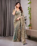 Pastel Green Fendy Chiffon Saree with Foil & Block Prints, Pearl Lace & Tassel Edges - Image 12
