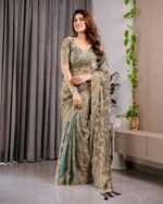 Pastel Green Fendy Chiffon Saree with Foil & Block Prints, Pearl Lace & Tassel Edges - Image 4
