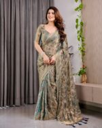 Pastel Green Fendy Chiffon Saree with Foil & Block Prints, Pearl Lace & Tassel Edges - Image 11