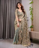 Pastel Green Fendy Chiffon Saree with Foil & Block Prints, Pearl Lace & Tassel Edges - Image 6
