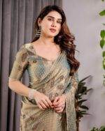 Pastel Green Fendy Chiffon Saree with Foil & Block Prints, Pearl Lace & Tassel Edges - Image 9
