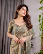 Pastel Green Fendy Chiffon Saree with Foil & Block Prints, Pearl Lace & Tassel Edges - Image 7