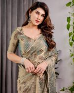 Pastel Green Fendy Chiffon Saree with Foil & Block Prints, Pearl Lace & Tassel Edges - Image 5