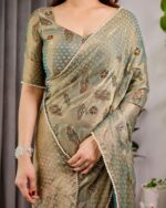 Pastel Green Fendy Chiffon Saree with Foil & Block Prints, Pearl Lace & Tassel Edges - Image 2
