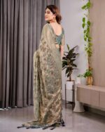 Pastel Green Fendy Chiffon Saree with Foil & Block Prints, Pearl Lace & Tassel Edges - Image 3