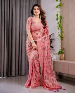 Blush Pink Fendy Chiffon Saree with Foil & Block Prints, Pearl Lace Border & Tassels - Image 4
