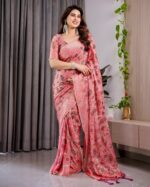 Blush Pink Fendy Chiffon Saree with Foil & Block Prints, Pearl Lace Border & Tassels - Image 10