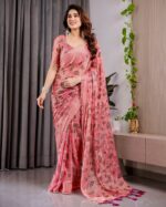 Blush Pink Fendy Chiffon Saree with Foil & Block Prints, Pearl Lace Border & Tassels - Image 6