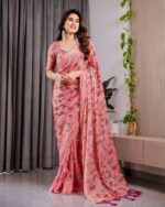 Blush Pink Fendy Chiffon Saree with Foil & Block Prints, Pearl Lace Border & Tassels - Image 8
