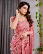 Blush Pink Fendy Chiffon Saree with Foil & Block Prints, Pearl Lace Border & Tassels - Image 7
