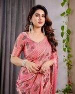 Blush Pink Fendy Chiffon Saree with Foil & Block Prints, Pearl Lace Border & Tassels - Image 5