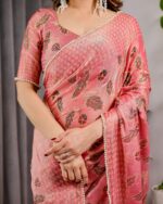 Blush Pink Fendy Chiffon Saree with Foil & Block Prints, Pearl Lace Border & Tassels - Image 2