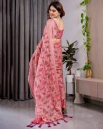 Blush Pink Fendy Chiffon Saree with Foil & Block Prints, Pearl Lace Border & Tassels - Image 3