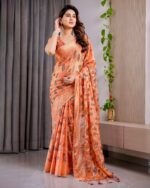 Sunset Orange Fendy Chiffon Saree with Foil & Block Print, Tassel Detail & Pearl Border - Image 8