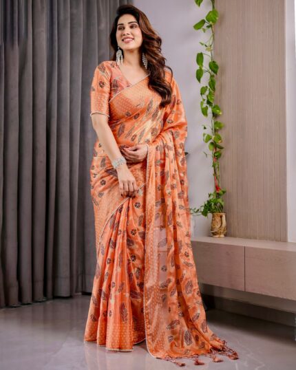 Sunset Orange Fendy Chiffon Saree with Foil & Block Print, Tassel Detail & Pearl Border
