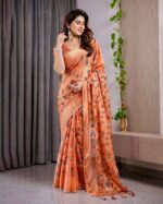 Sunset Orange Fendy Chiffon Saree with Foil & Block Print, Tassel Detail & Pearl Border - Image 5