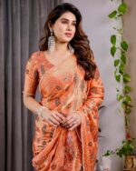 Sunset Orange Fendy Chiffon Saree with Foil & Block Print, Tassel Detail & Pearl Border - Image 9