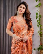 Sunset Orange Fendy Chiffon Saree with Foil & Block Print, Tassel Detail & Pearl Border - Image 7