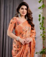 Sunset Orange Fendy Chiffon Saree with Foil & Block Print, Tassel Detail & Pearl Border - Image 6