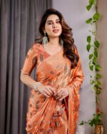Sunset Orange Fendy Chiffon Saree with Foil & Block Print, Tassel Detail & Pearl Border - Image 4