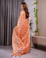 Sunset Orange Fendy Chiffon Saree with Foil & Block Print, Tassel Detail & Pearl Border - Image 3