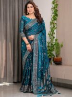 Peacock Teal Fendi Satin Block & Foil Printed Saree with Traditional Motifs, Tassel Edges & Attached Blouse - Image 6