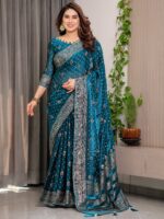 Peacock Teal Fendi Satin Block & Foil Printed Saree with Traditional Motifs, Tassel Edges & Attached Blouse - Image 8