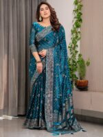 Peacock Teal Fendi Satin Block & Foil Printed Saree with Traditional Motifs, Tassel Edges & Attached Blouse - Image 10