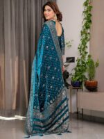Peacock Teal Fendi Satin Block & Foil Printed Saree with Traditional Motifs, Tassel Edges & Attached Blouse - Image 3