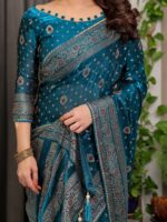 Peacock Teal Fendi Satin Block & Foil Printed Saree with Traditional Motifs, Tassel Edges & Attached Blouse - Image 2