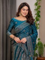 Peacock Teal Fendi Satin Block & Foil Printed Saree with Traditional Motifs, Tassel Edges & Attached Blouse - Image 5