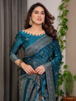 Peacock Teal Fendi Satin Block & Foil Printed Saree with Traditional Motifs, Tassel Edges & Attached Blouse - Image 7